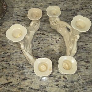 Pair Cowan Pottery Triple Candelabra Art Deco Curved C Shape Vintage Ivory Cream